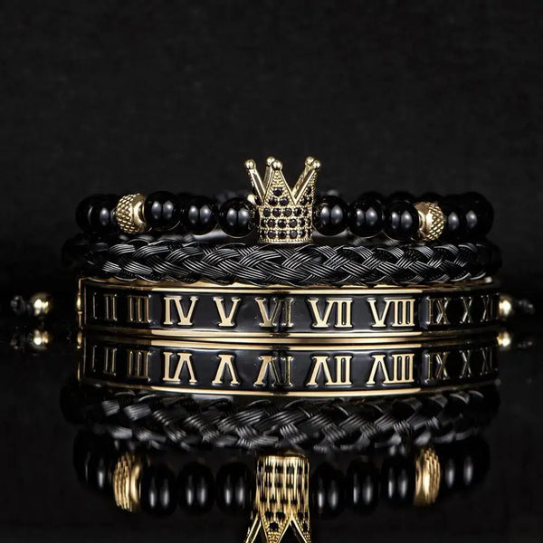Black Deluxe Bracelet Set - Black - Gold - Crown with Micro Pave CZ