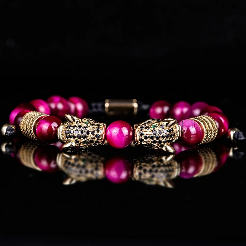 Colored Double Leopard Beaded Bracelet – gold with red stone beads and pave CZ leopard heads