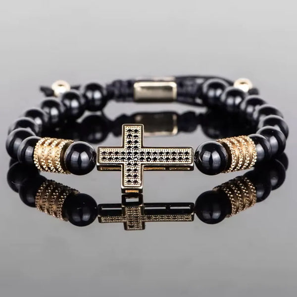 Gold cross bracelet with black cubic zirconia and black beads – statement design