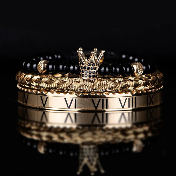 Crown Roman Cuff Bracelets – gold 3-piece bracelet set with Roman numeral cuff and black crown beaded bracelet.