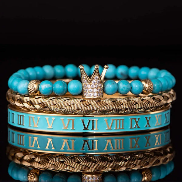 Deluxe Blue Crown Bracelet Set - Blue - Gold - White