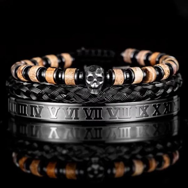 Gothic Skull Bracelet Set – Beige – natural stone beads and black bangles
