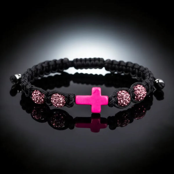 Pink cross beaded bracelet with CZ cross