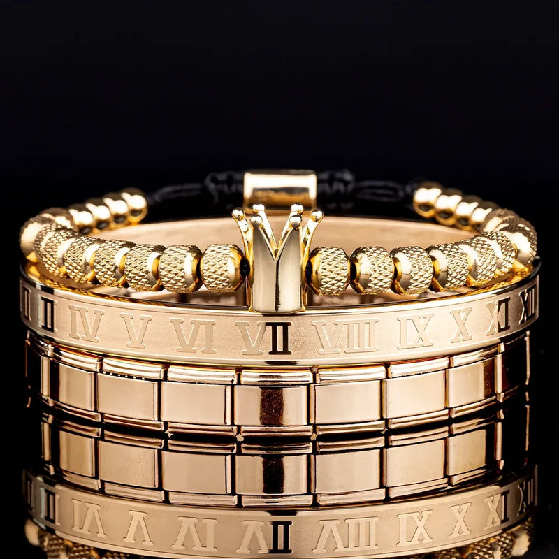 Luxury Roman Royal Crown Bracelet in gold stainless steel with Roman numerals and crown detail.
