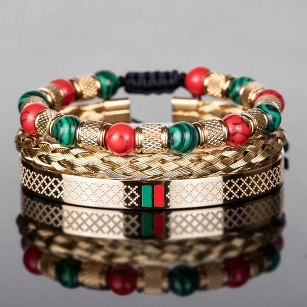 Red-Green Stripe Bracelets – gold 3-piece bracelet set with red-green striped cuff, mesh bracelet, and beaded bracelet