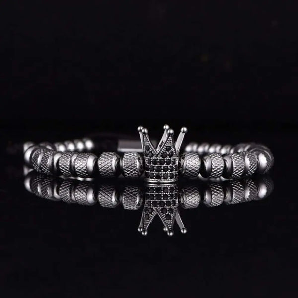 Royal King Beaded Bracelet - Silver - Black