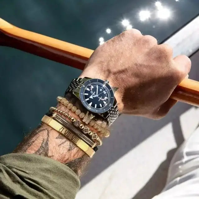 Luxury men's bracelet set with stainless steel and beaded bracelets