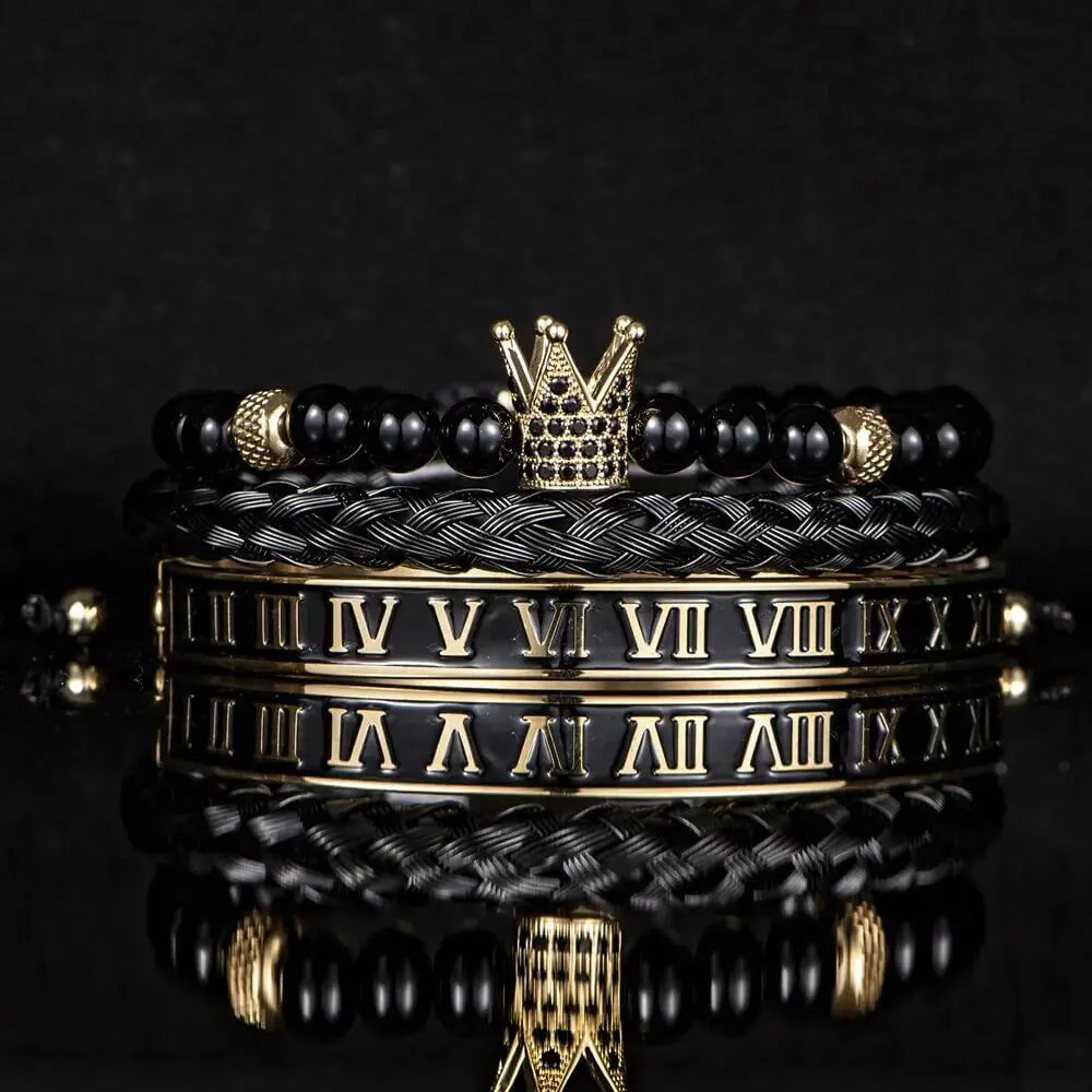 Black Deluxe Bracelets - Crown - Beaded - Roman - Black - Bangle