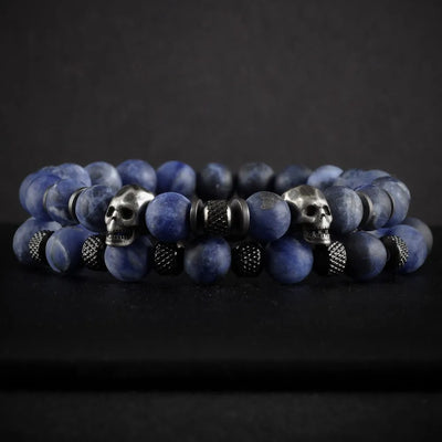 Blue Stone Skull Bracelet Set with natural stone beads and stainless-steel skull accents