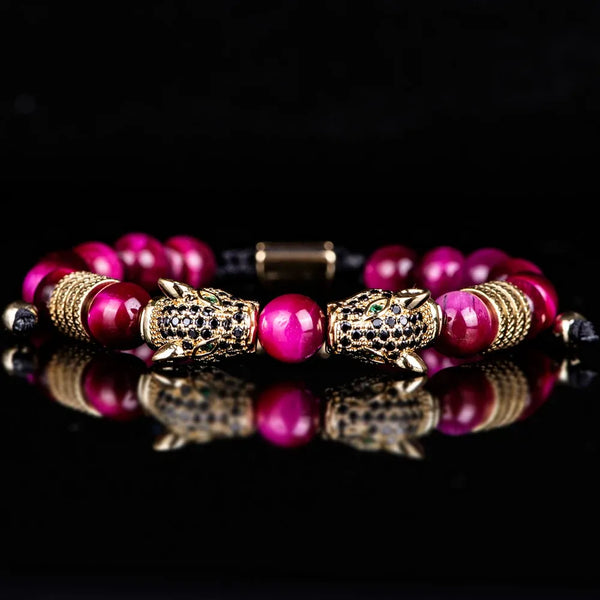 Colored Double Leopard Beaded Bracelet – gold with red stone beads and pave CZ leopard heads