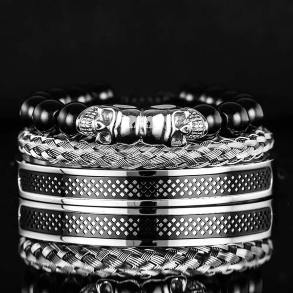 Double Skull Head Bracelet Set - Negro