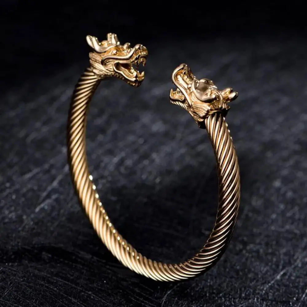 Double Dragon Cuff Bangle - Gold - Bangle - Dragon - Double - Cross