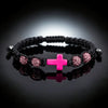 Pink cross beaded bracelet with CZ cross