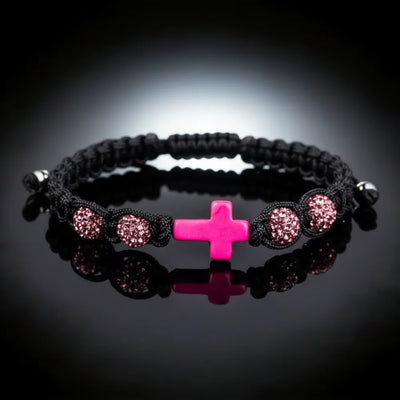 Pink cross beaded bracelet with CZ cross