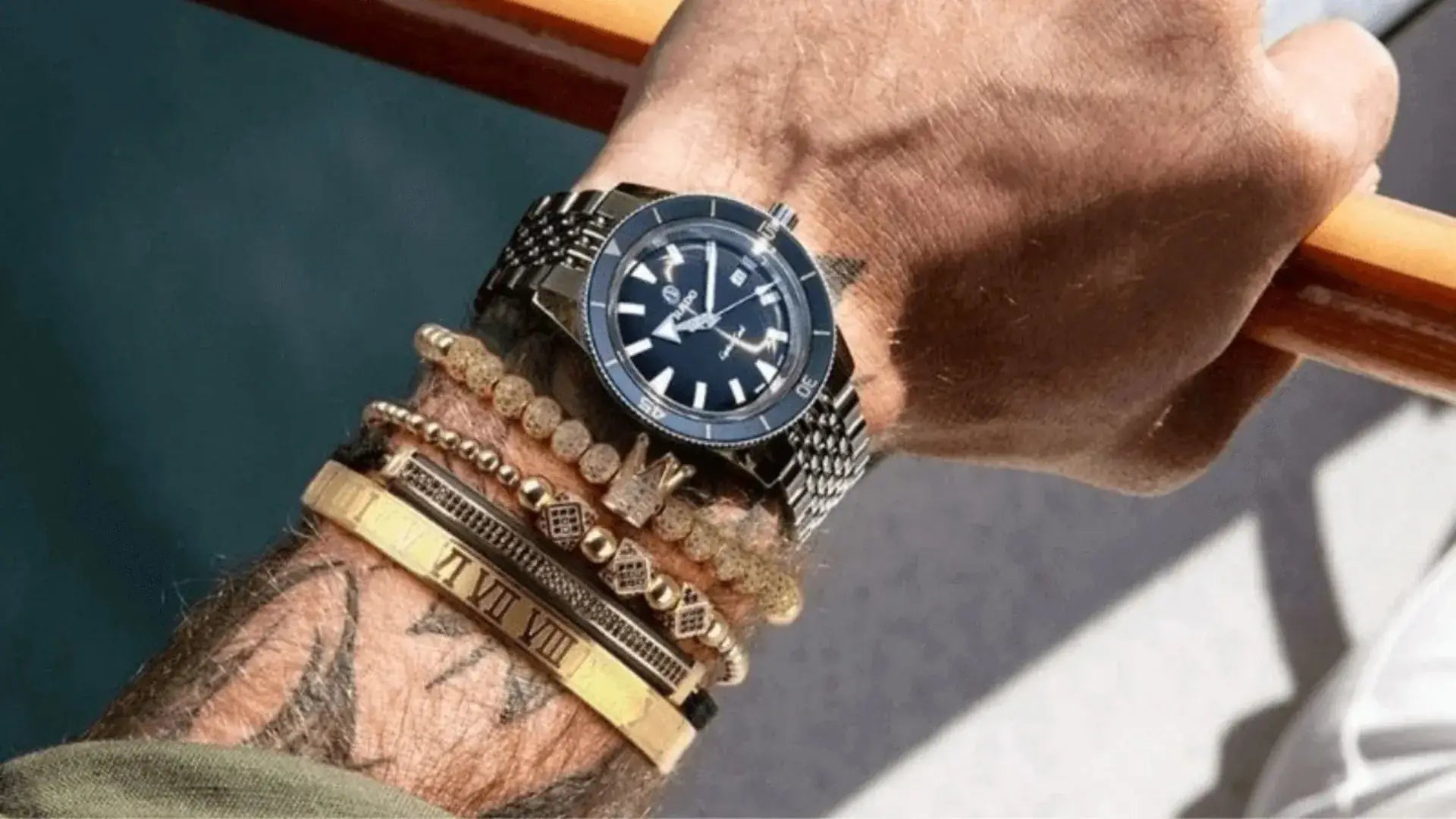 Luxury men's bracelet set with stainless steel and beaded bracelets