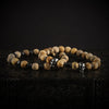 Khaki Stone Skull Bracelet Set with textured stone beads and metal skull charms arranged for product display