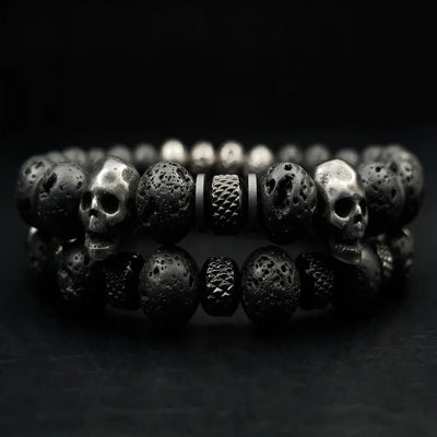 Lava Stone Skull Bracelet Set made with black volcanic beads and stainless-steel skull accents