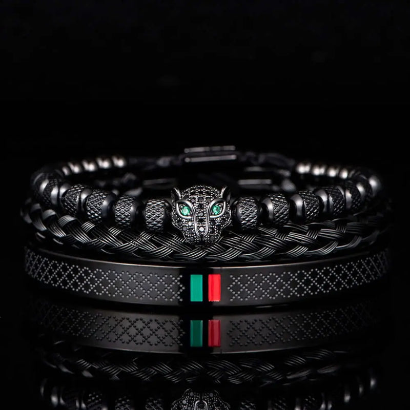 Leopard Deluxe Stripes Bracelets - Black - Silver - Beaded - Leopard - Bangle