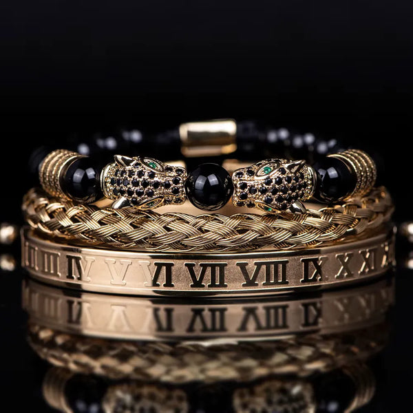 Leopard Emperor Bracelets – gold, black CZ stones, black onyx beads