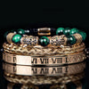 Leopard Emperor Bracelets – gold, black CZ stones, green malachite beads