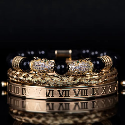 Leopard Emperor Bracelets – gold, clear CZ stones, black onyx beads