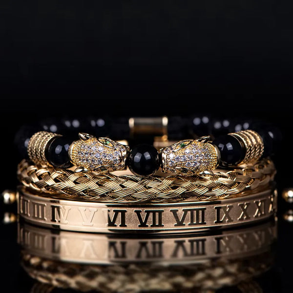 Leopard Emperor Bracelets – gold, clear CZ stones, black onyx beads