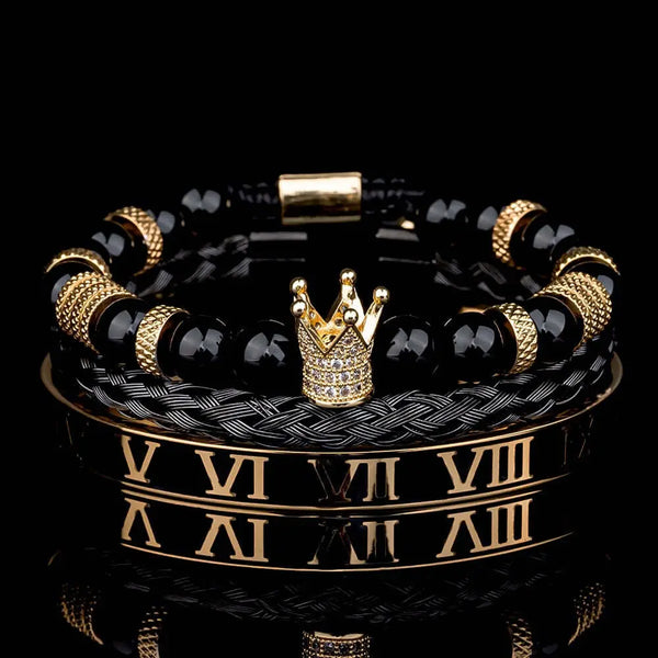 Luxury Roman Crown Bracelet Set - Black - Gold