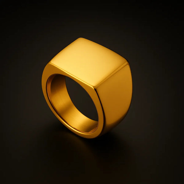 Gold stainless steel signet ring with square top, polished finish, and bold modern design