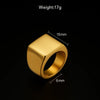 Gold stainless steel signet ring with 15mm square face, 6mm band, and 17g weight – durable and stylish