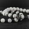 Close-up of White Stone Skull Bracelet Set with natural white marble beads and stainless-steel skull charm